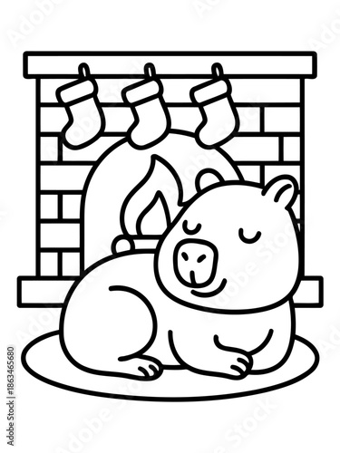 Cozy Wombat by Fireplace: An adorable wombat snuggles up near a fireplace, with stockings hanging above, evoking the warmth and cheer of the holiday season. 