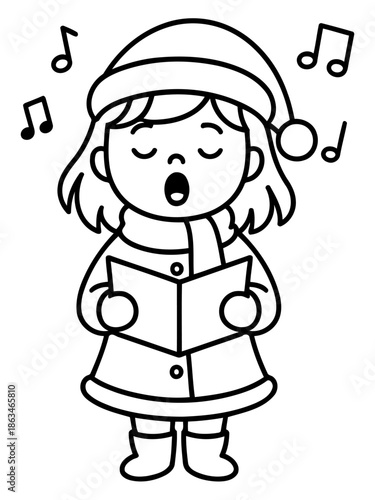 Singing Caroler: An artistic rendering of a young person, enveloped in a cozy hat, scarf, and coat, passionately sings from a hymn book, accompanied by musical notes.