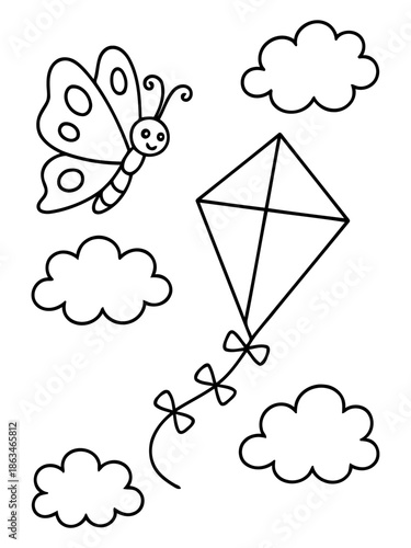 Childhood Doodle: A whimsical illustration captures the pure joy of a breezy day, featuring a soaring kite, fluffy clouds, and a whimsical butterfly soaring nearby.