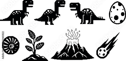 Dinosaur and Prehistoric Elements Vector Set Including Volcano and Meteor Illustration 
