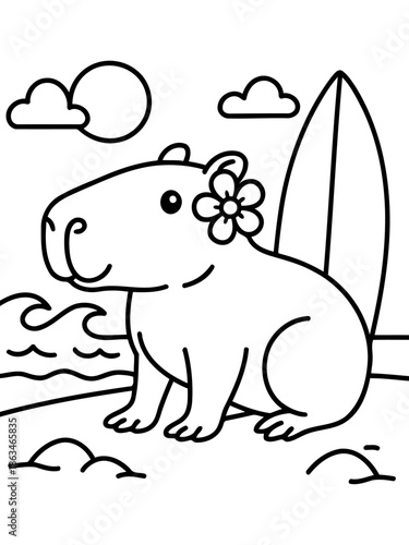 Capybara Surfer's Delight: An illustration depicting a cheerful capybara, adorned with a tropical flower, ready to ride the waves with a surfboard, evoking fun and playfulness.