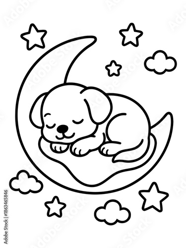 Dreamy Puppy's Slumber: A sweet puppy dreams peacefully as it sleeps curled up on a crescent moon, surrounded by stars and fluffy clouds.