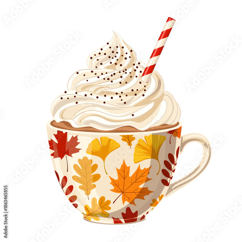 Autumn Flavors: Hot Drink with Whipped Cream and Leaf Decor