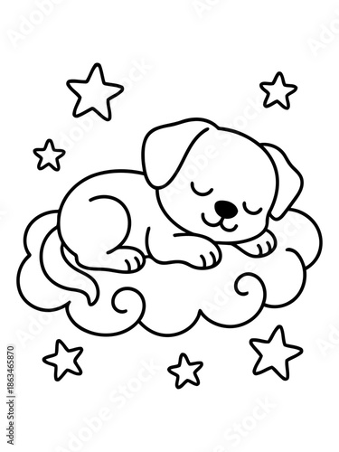 Dreamy Pup on Cloud Nine: A darling puppy sleeps soundly upon a fluffy cloud, encircled by twinkling stars, creating a whimsical scene perfect for bedtime stories.
