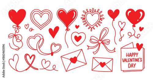 Happy valentine day red doodle set hearts balloons envelopes bows holiday romantic elements