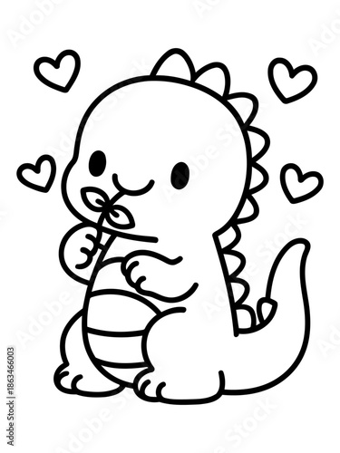 Cute Dino with Hearts: A charming cartoon dinosaur, surrounded by hearts, exudes affection and childlike wonder, perfect for capturing the spirit of love and fantasy.