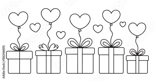 Line art collection of gift boxes with heart shaped balloons for celebration