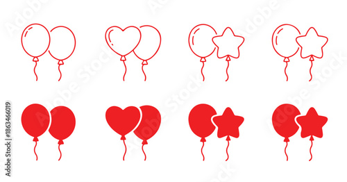 Balloon vector set red and outline holiday heart and star shape party decoration graphic