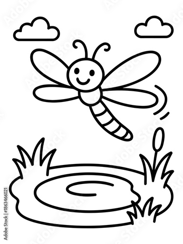 Whimsical Dragonfly Flight: A charming line art illustration of a playful dragonfly soaring gracefully above a tranquil pond. The cheerful insect, accompanied by fluffy clouds.