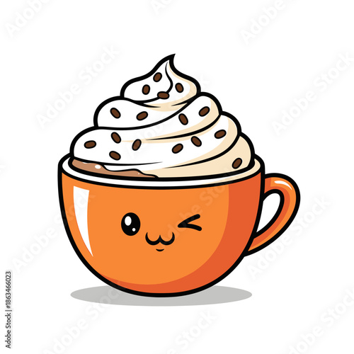 Kawaii Coffee Cup with Whipped Cream and Chocolate Beans Illustration
