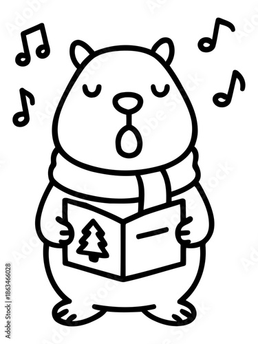 Singing Cartoon Bear: An adorable cartoon bear sings with pure delight, a carol book clasped in its paws, surrounded by musical notes.