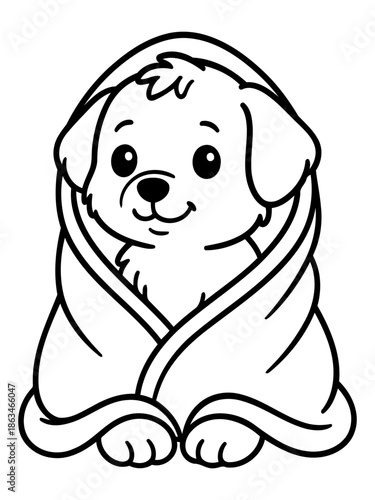 Cozy Puppy in Towel: A sweet puppy snuggles comfortably, wrapped in a fluffy towel, its face radiating innocence and warmth, ideal for illustrating themes of comfort, care.