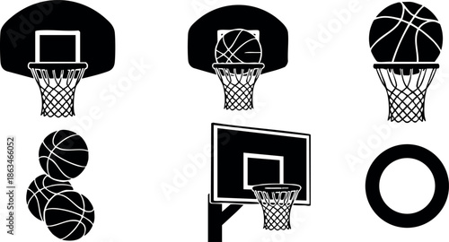 Basketball hoop and ball vector illustration in black and white style for sports design 