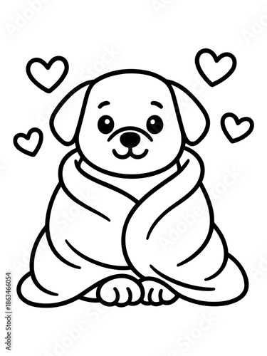 Cozy Puppy Love: A heart-warming illustration of a cuddly puppy wrapped in a blanket, surrounded by loving hearts, evoking feelings of comfort and affection.