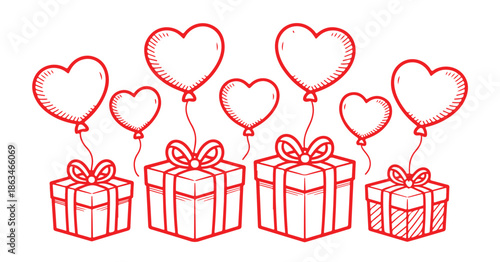 Doodle style red heart balloons tied to wrapped gift boxes for valentines day