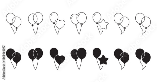 Set of various round and shaped balloons in outline and filled styles