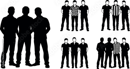 Group of men standing together in various poses vector illustration with black silhouettes and casual outfits 
