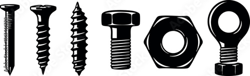 Variety of black silhouette screws nuts and bolts vector illustration set 