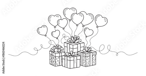 Continuous line drawing of gift boxes with heart shaped balloons for romantic celebration