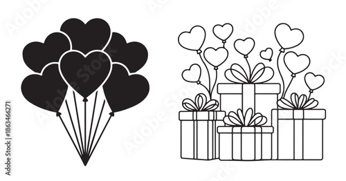 Heart balloon bouquet silhouette and gift box line art for romantic holiday design concept