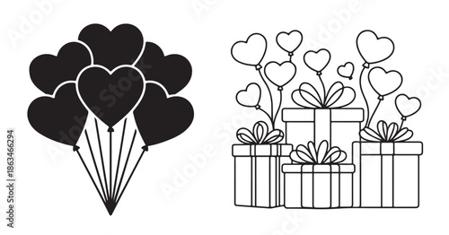 Heart balloon bouquet silhouette and gift box line art for romantic holiday design concept