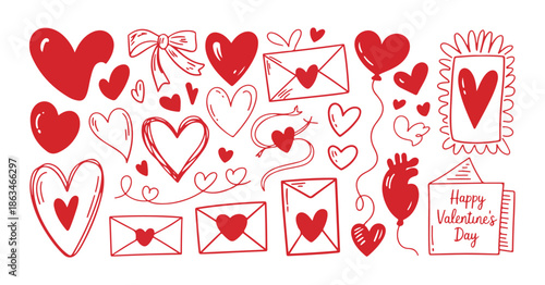 Hand drawn red heart doodles with love letters and balloons for valentines day design assets