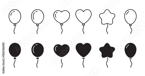 Set of outline and solid balloons in different shapes and colors on white background