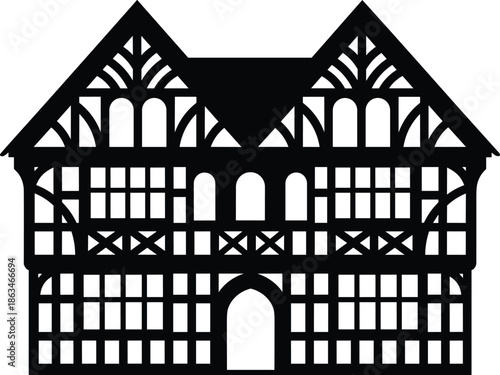 Traditional half timbered house silhouette vector illustration, classic Tudor style architecture facade with wooden framework, historic European residential building, black and white, isolated