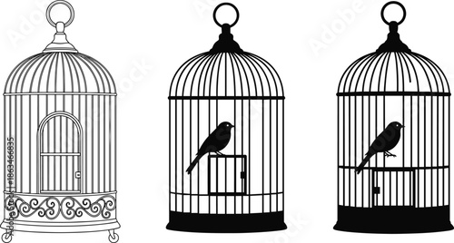 Vintage bird cage silhouettes with perched birds illustration, decorative classic pet enclosure designs, retro home decor elements, elegant black and white vector set