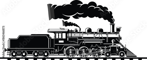 Vintage steam locomotive silhouette, classic railway engine with smoke, industrial transport history, retro train travel concept, black detailed vector illustration