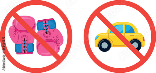 Vector Set of Red Prohibition Icons: No Boxing Gloves/Fighting and No Car/Driving, Ideal for Safety Signs, Gym Rules, and Traffic Restriction Graphics.