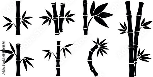 Bamboo stalks and leaves vector set simple black silhouettes natural plant illustrations 