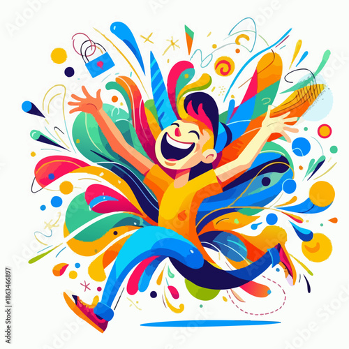 Colorful flat vector character expressing joy with dynamic pose