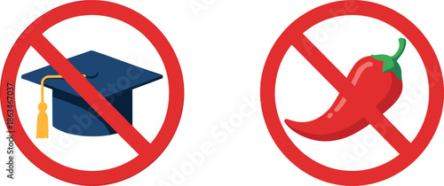 Vector Set of Red Prohibition Icons: No Graduation Cap/Academic Attire and No Chili Pepper/Spicy Food, Ideal for Educational Rules and Dietary Warnings.