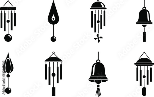 Wind chime and bell icon set silhouettes, hanging garden decor elements, zen sound ornaments collection, home relaxation accessories, black and white vector illustration