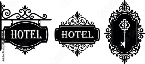 Vintage black hotel signs and key vector set with ornate frame design 