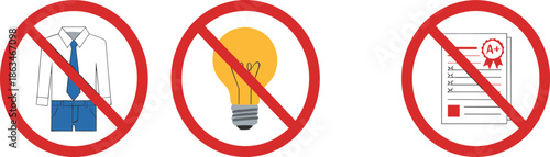 Vector Set of Red Prohibition Icons: No Formal Attire, No Idea/Cheating, and No Grade Sheet, Ideal for Testing Rules, Academic Policy, and Warning Signs.