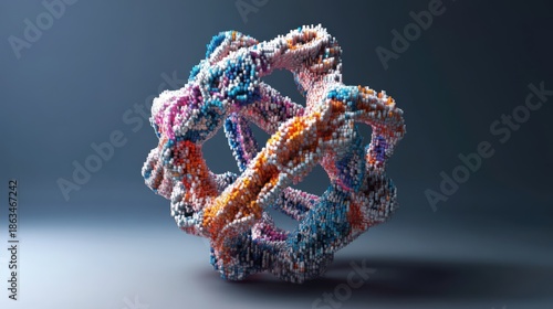 Abstract voxel sphere with interconnected, colorful, textured strands