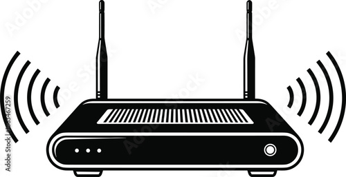 Wireless wifi router silhouette vector illustration, modern internet network device with antennas and signal waves icon, black and white design, isolated