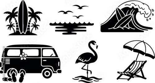 Beach and Summer Vacation Vector Icons with Surfboards Flamingo and Umbrella 