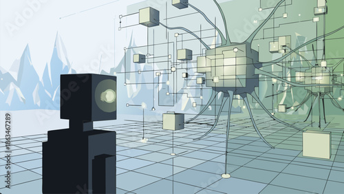 Futuristic Robot Explores Abstract Digital Network and Geometric Landscape