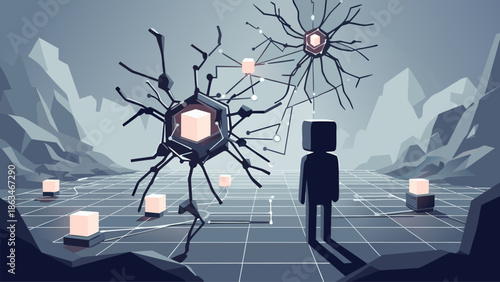 Abstract Digital Network Structure with Cubes and Silhouette Figure