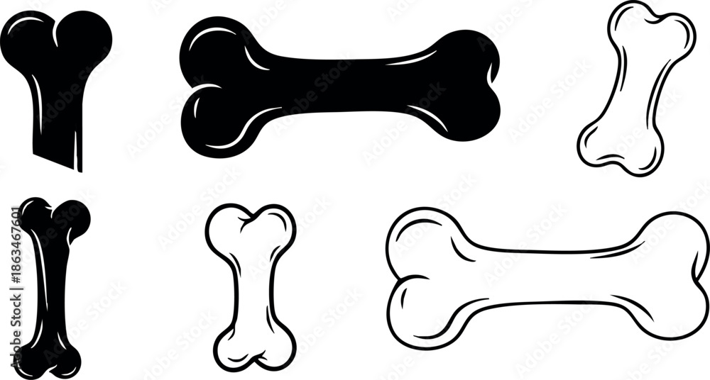 Fototapeta premium Dog bone outline and solid vector icons set in black and white style 