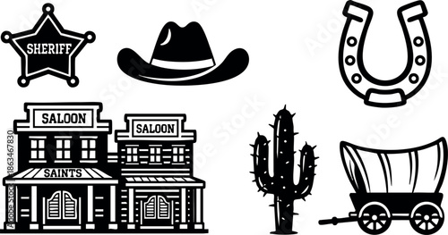 Wild West Sheriff Hat Saloon Cactus Wagon Horseshoe Vector Illustration 