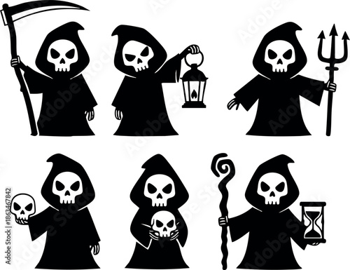 Grim Reaper Characters Holding Scythe Lantern Skull and Hourglass Vector Illustration 