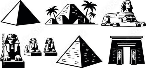 Egyptian pyramids and sphinx ancient architecture black and white vector illustration 