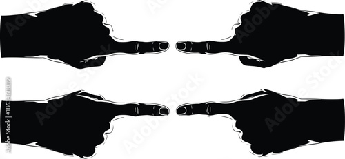 Silhouettes of Four Hands Pointing with Index Fingers, Calm Mood, One-Panel Direction and Interaction Vector Illustration Design
