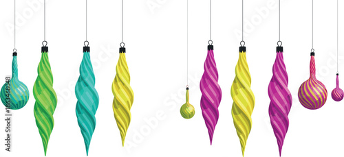 Vibrant Retro Swirl Christmas Ornaments Vector Set in Pink, Yellow, Green, and Blue, Perfect for Mid-Century Holiday Design, Cards, and Festive Decoration.