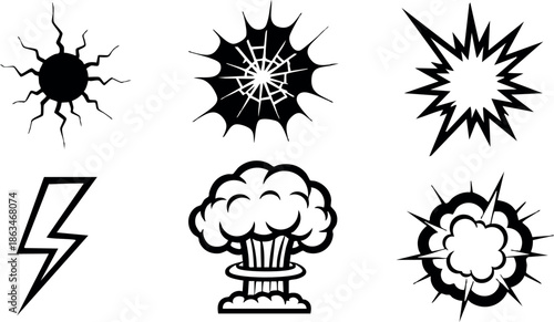 Set of black explosion and shockwave vector illustrations with lightning bolt and mushroom cloud effects 