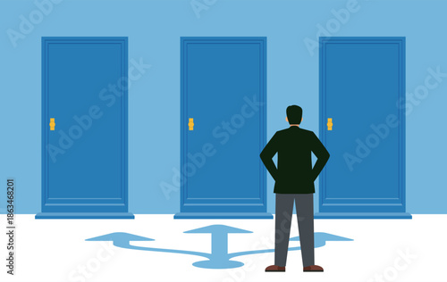 Business Career Choice and the Decision Between Three Doors of Opportunity - Back view of an Asian man